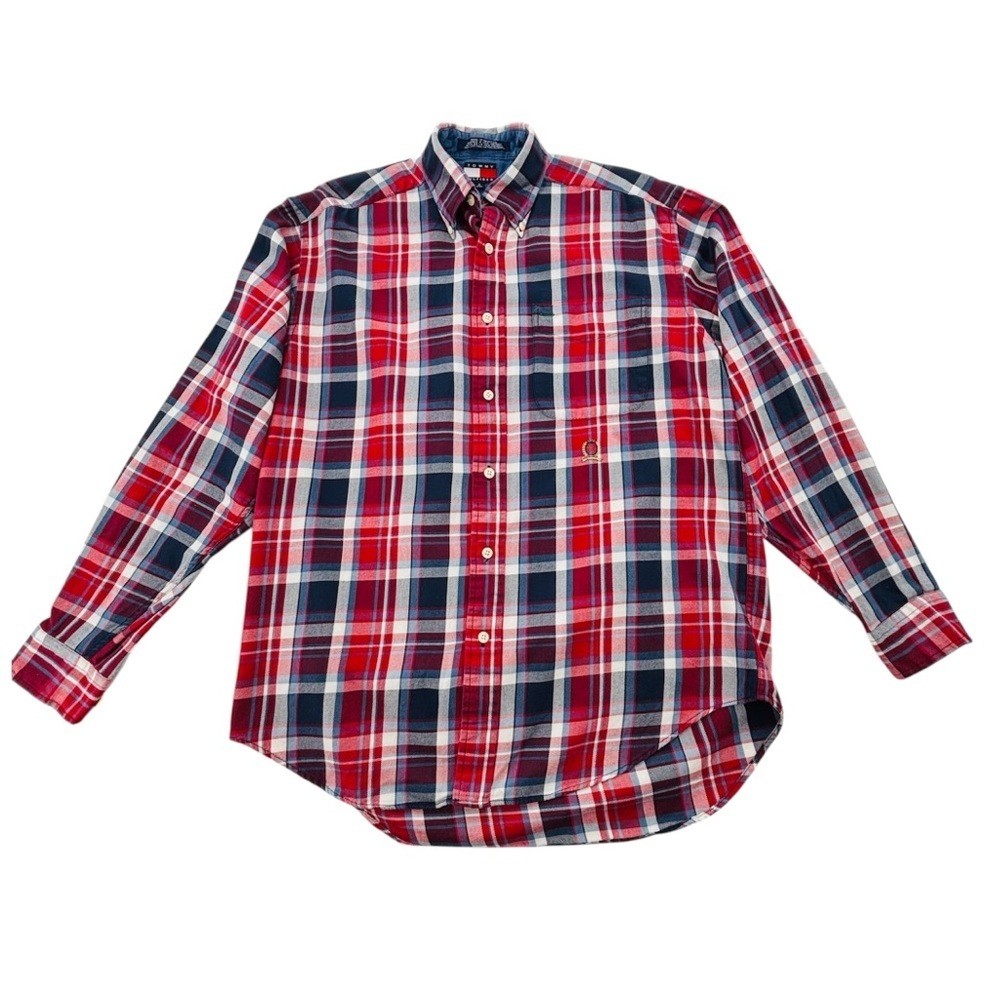 Tommy Hilfiger Navy, Red & White Flannel Checkered Button Down Shirt Size small - Picture 3 of 17